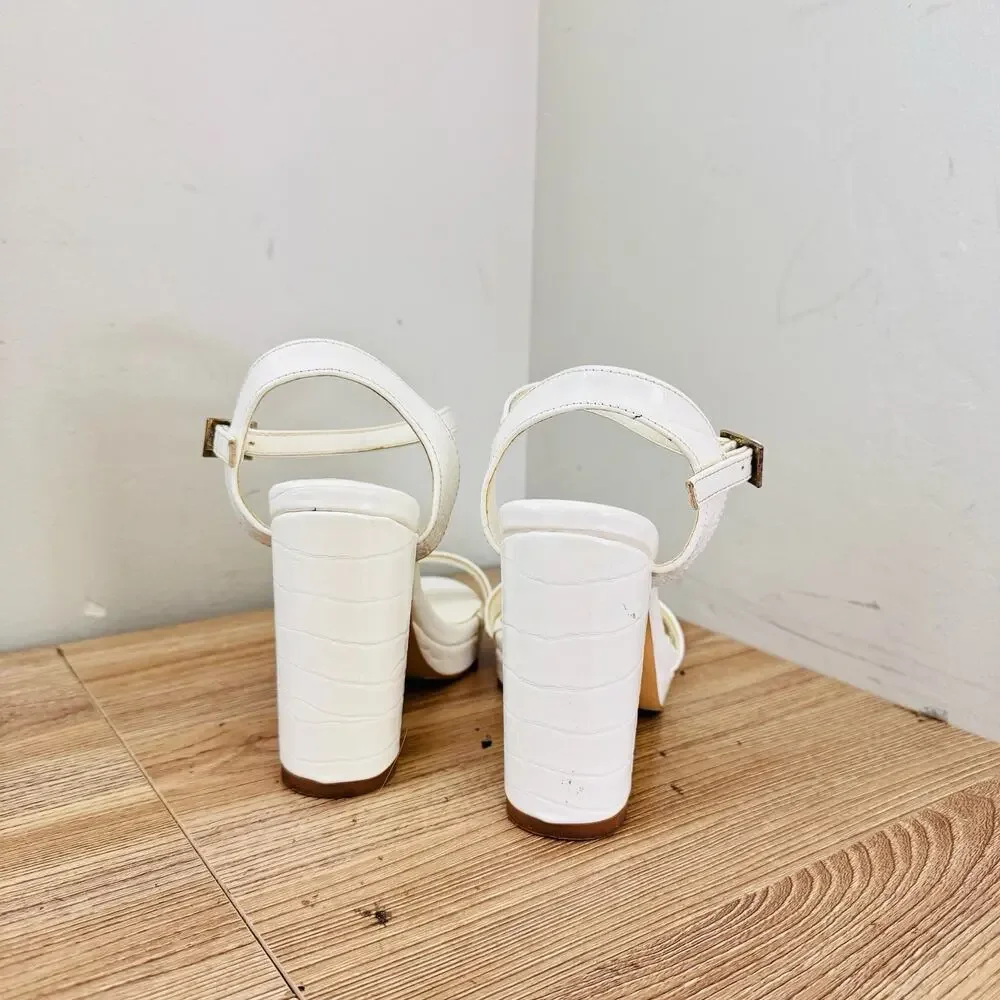 Nose White Leather Slingback Chunky Heels Women’s Size 5.5